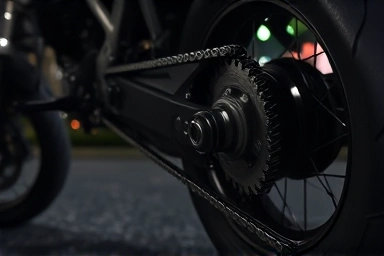 Motorcycle rear sprocket and chain, dynamic motion blur