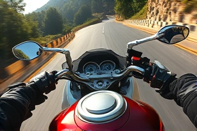 Motorcycle rider leaning into a turn, exhilarating acceleration