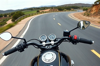Motorcycle rider confidently controlling handlebars on open road
