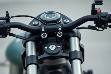 Close-up of motorcycle steering damper, symbolizing stability