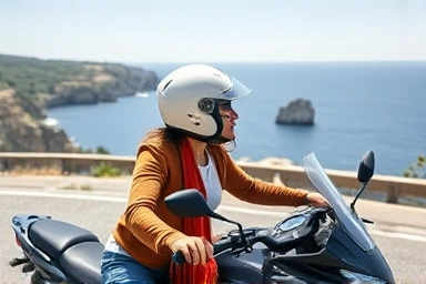 Couple enjoying a motorcycle ride on a scenic road.