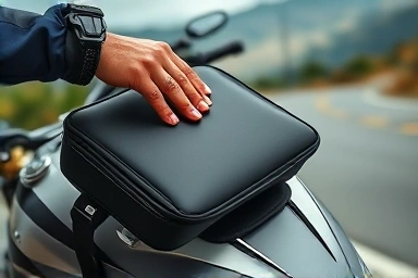 Motorcycle tank bag being secured by a rider's hand.