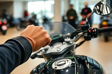 Close-up of hands on motorcycle handlebars during test ride