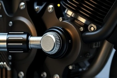 Motorcycle engine being tightened with a precision torque wrench.