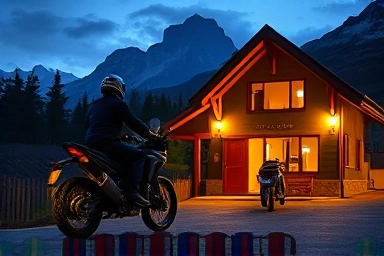 Motorcyclist finding secure and comfortable accommodation after a long ride.
