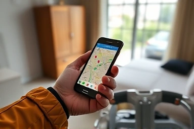 Motorcyclist planning their next route from a convenient guesthouse.