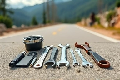 Motorcycle tour tool kit organized for adventure riding.