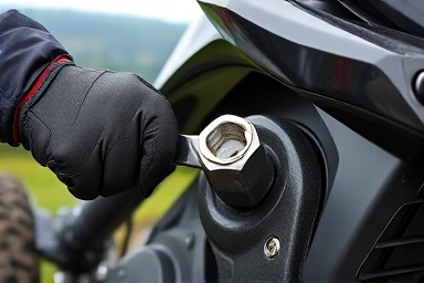 Rider performing emergency maintenance on motorcycle with tools.
