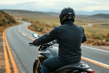 Motorcycle rider wearing functional touring apparel on scenic road