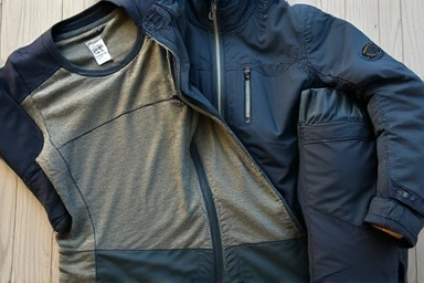 Layers of motorcycle touring apparel: base, mid, and outer