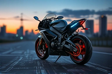 Futuristic motorcycle with digital circuit road