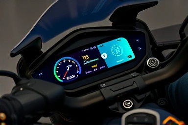 Motorcycle digital dashboard and rider's hand