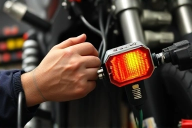 Mechanic diagnosing motorcycle turn signal electrical issue