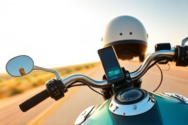 Motorcycle rider charging phone on road