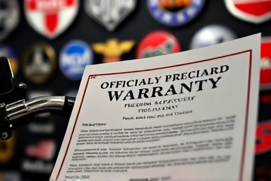 Motorcycle warranty document with brand logos in background