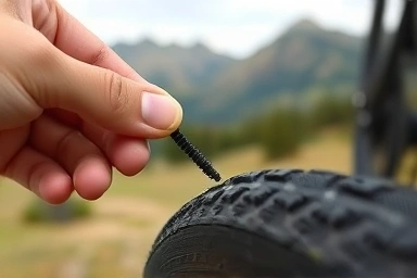 Close-up of tire plug repair on mountain bike