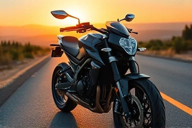 Modern motorcycle with subtle custom parts on scenic road.