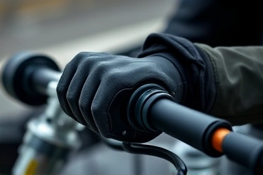 Close-up of rider's hands on custom heated motorcycle handlebars.
