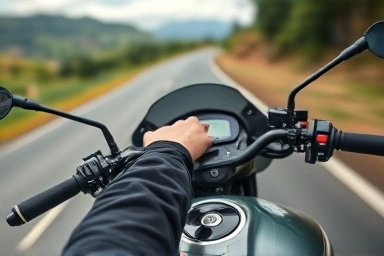 Rider's hands gripping motorcycle handlebars on a scenic road