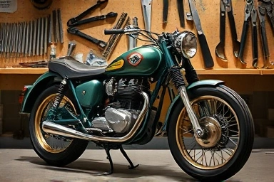 Vintage motorcycle restoration in a workshop, showcasing craftsmanship.