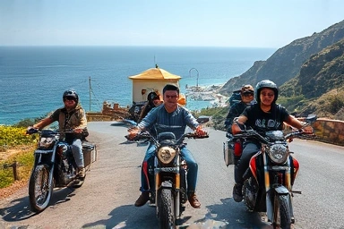 Travelers enjoying motorcycle rental on scenic foreign roads.