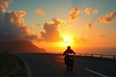Motorcyclist on scenic coastal highway at sunset.