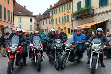 Diverse group of motorcyclists in a European village.