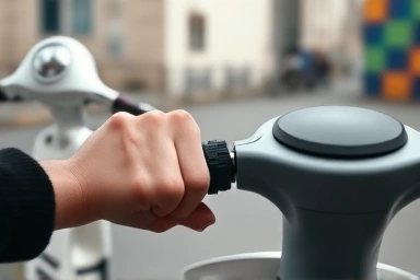 Rider's hand controlling a scooter in a city.