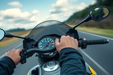Rider's hands on motorcycle handlebars, focusing on the riding experience.