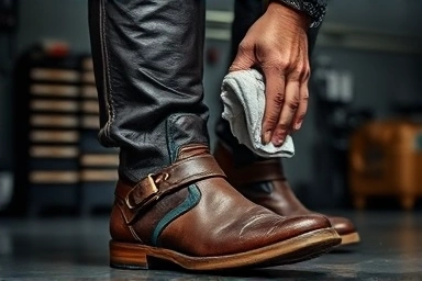 Motorcyclist cleaning wet leather riding boots after rain