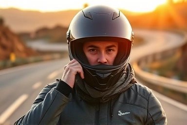 Motorcyclist ensuring perfect gear fit on scenic road.
