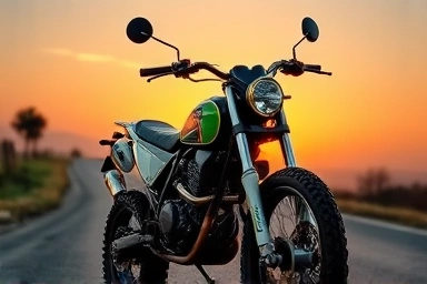Custom scrambler motorcycle with unique modifications at sunset.