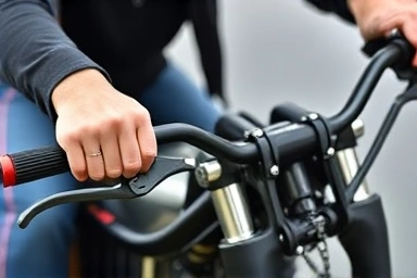 Close-up of hands on custom scrambler motorcycle handlebars.