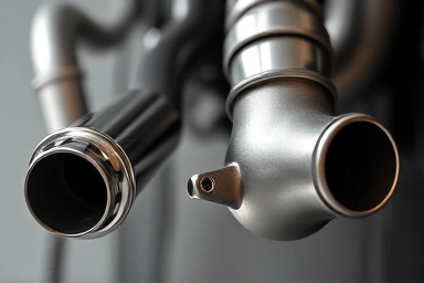 Close-up of motorcycle slip-on and full system exhaust parts.