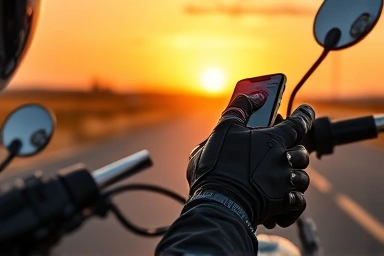 Motorcyclist using smartphone with touch-sensitive gloves on open road.