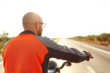 Motorcycle rider in breathable mesh jacket on sunny road