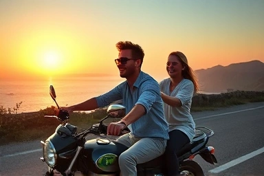 Couple enjoying tandem motorcycle ride on scenic road