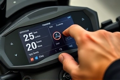 Rider personalizing motorcycle TFT dashboard settings.
