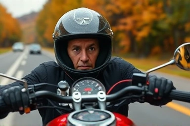 Motorcycle rider checks tire pressure warning light in autumn.