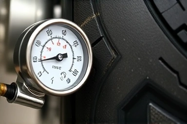 Checking motorcycle tire pressure with a gauge.
