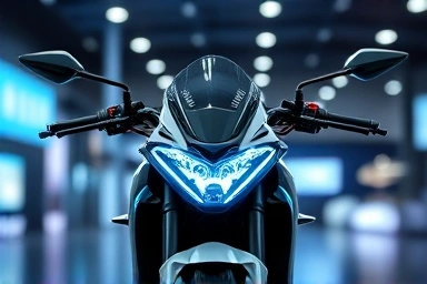 Futuristic motorcycle concept at a tech exhibition