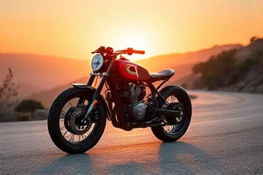 Custom tracker motorcycle on a scenic road at sunset.