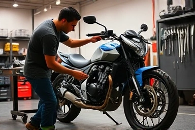 Inspecting a used motorcycle for hidden issues.