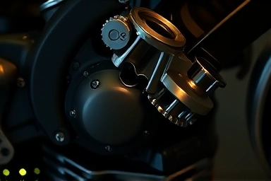 Detailed close-up of motorcycle engine internals, gears, pistons.