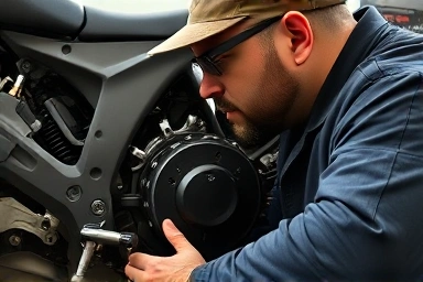 Mechanic inspecting used motorcycle engine for potential issues.