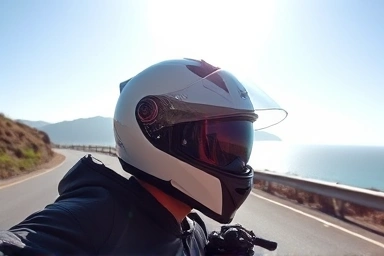 Motorcyclist with integrated sun visor helmet riding on sunny road