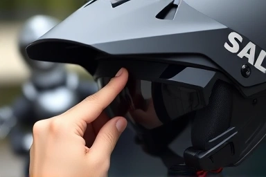 Close-up of hand deploying motorcycle helmet sun visor