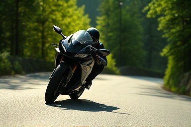 Sportbike leaning into a winding mountain road, rider blurred