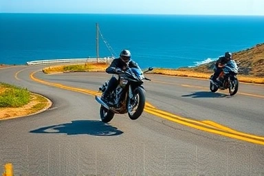 Naked sportbike on a scenic coastal highway, rider controlling