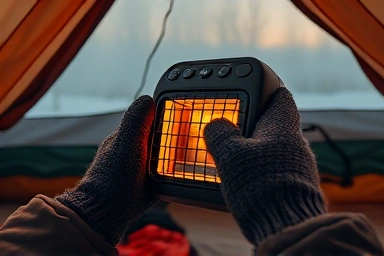 Hands adjusting heater in warm, cozy tent interior.